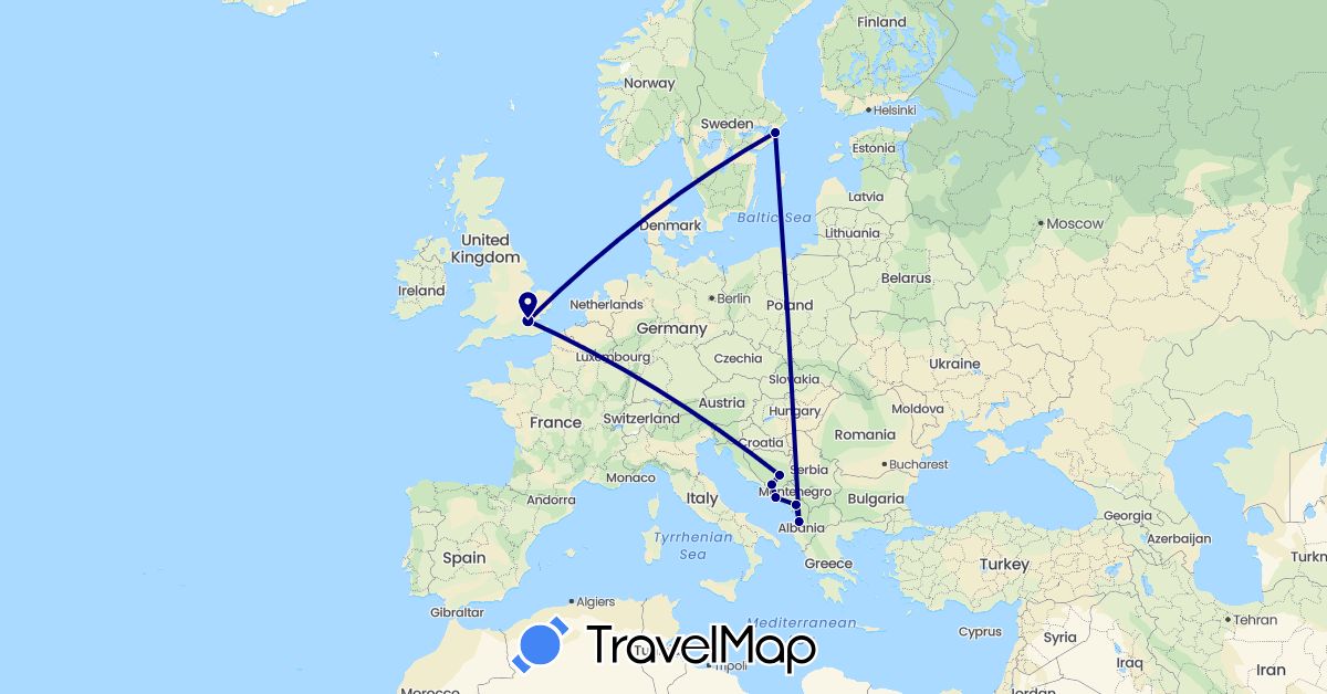 TravelMap itinerary: driving in Albania, Bosnia and Herzegovina, United Kingdom, Croatia, Sweden (Europe)