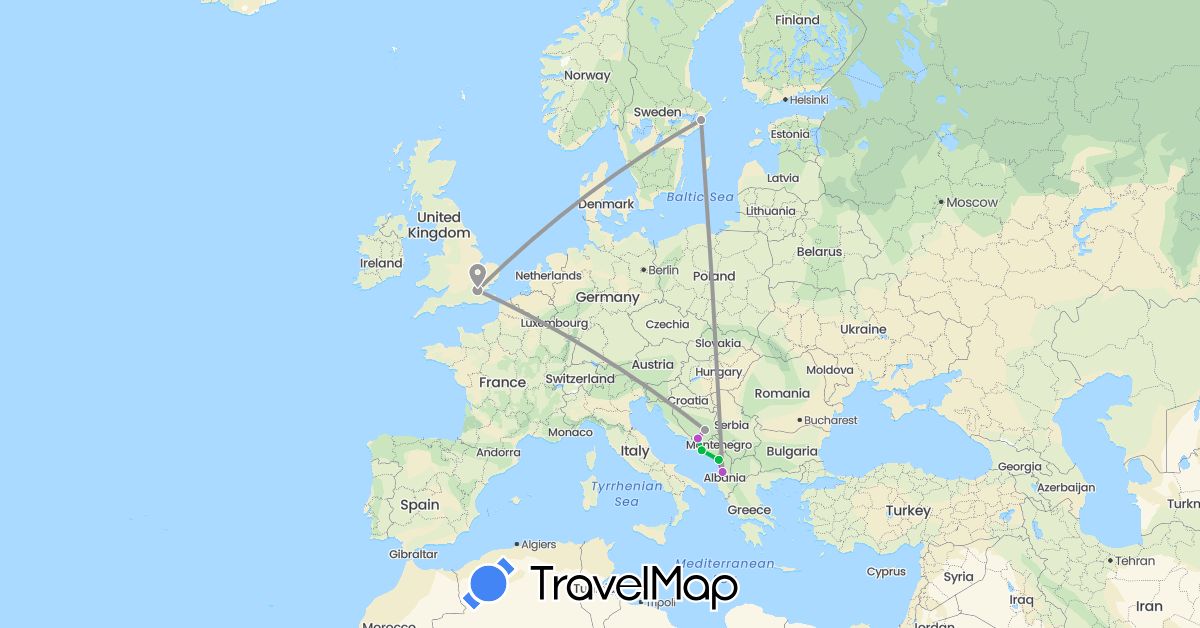 TravelMap itinerary: driving, bus, plane, train in Albania, Bosnia and Herzegovina, United Kingdom, Croatia, Sweden (Europe)